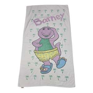 Vintage 1992 Barney Beach Towel Purple Dinosaur Palm Trees 30 x 52